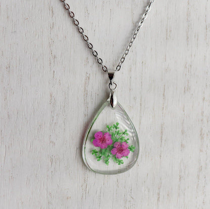 Teardrop Pressed Flower Pendant Necklace