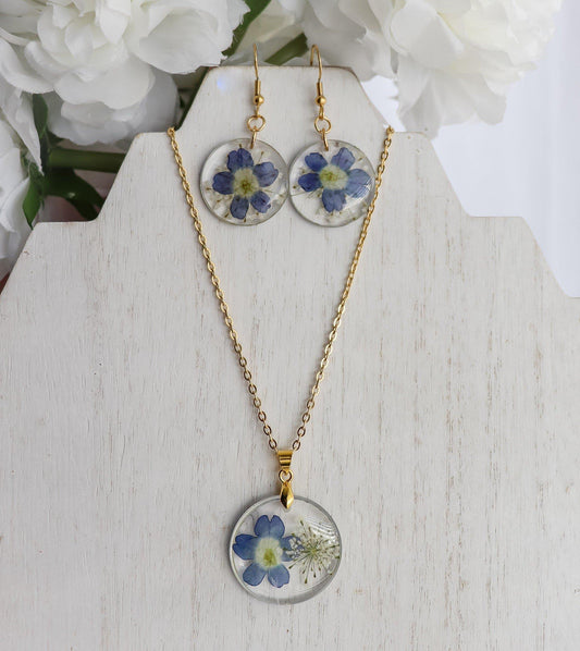 Earring & Necklace Set | Rimless Circle Pressed Flower Pendant